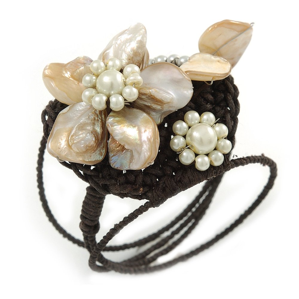 Avalaya Antique White Shell Bead Flower Wired Flex Bracelet - Adjustable