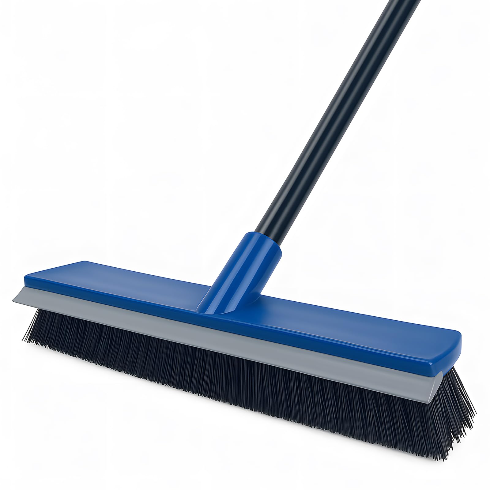 Photo 1 of 16 Inch Push Broom Outdoor 2 in 1 with Rubber Squeegee and Stiff Bristle Deck Brush 58" Long Handle for Deck Patio Garage Warehouse Driveway Concrete Floor Cleaning Scrubbing(Blue)