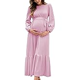 AISWI Women's Maternity Maxi Dress with Belt Long Sleeve Crew Neck Pregnancy Dresses with Pockets Baby Shower Photoshoot
