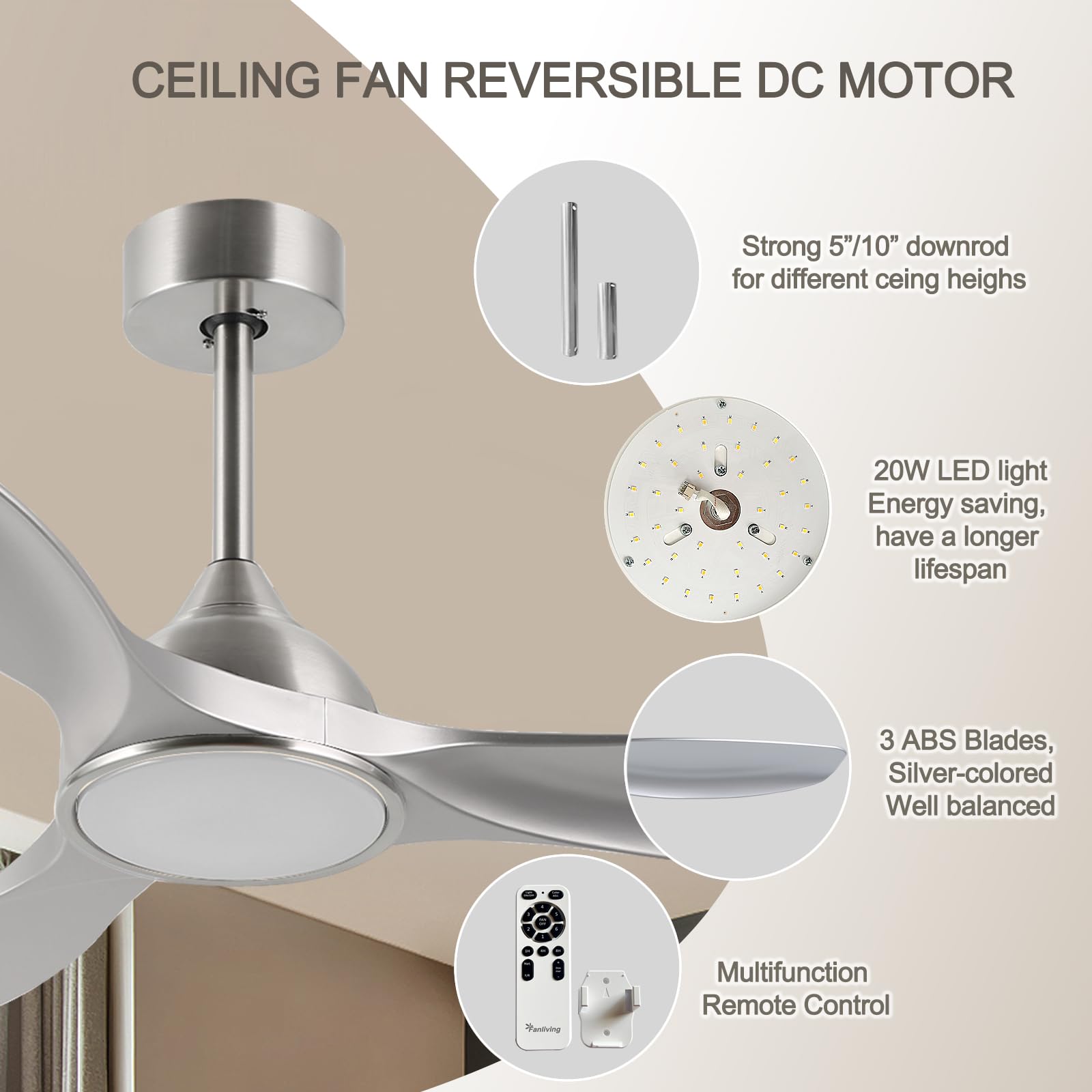 52 Inch Quiet DC Motor 6 Speed High CFM Modern Ceiling Fan with Lights Remote Control, 3 Blade Indoor Silver Ceiling Fan for Bedroom, Office, Living Room