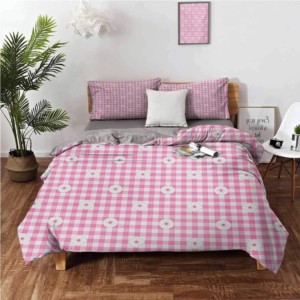Pale Pink Comforter Bedding Cover Checkered Striped Tartan Background with Daisy