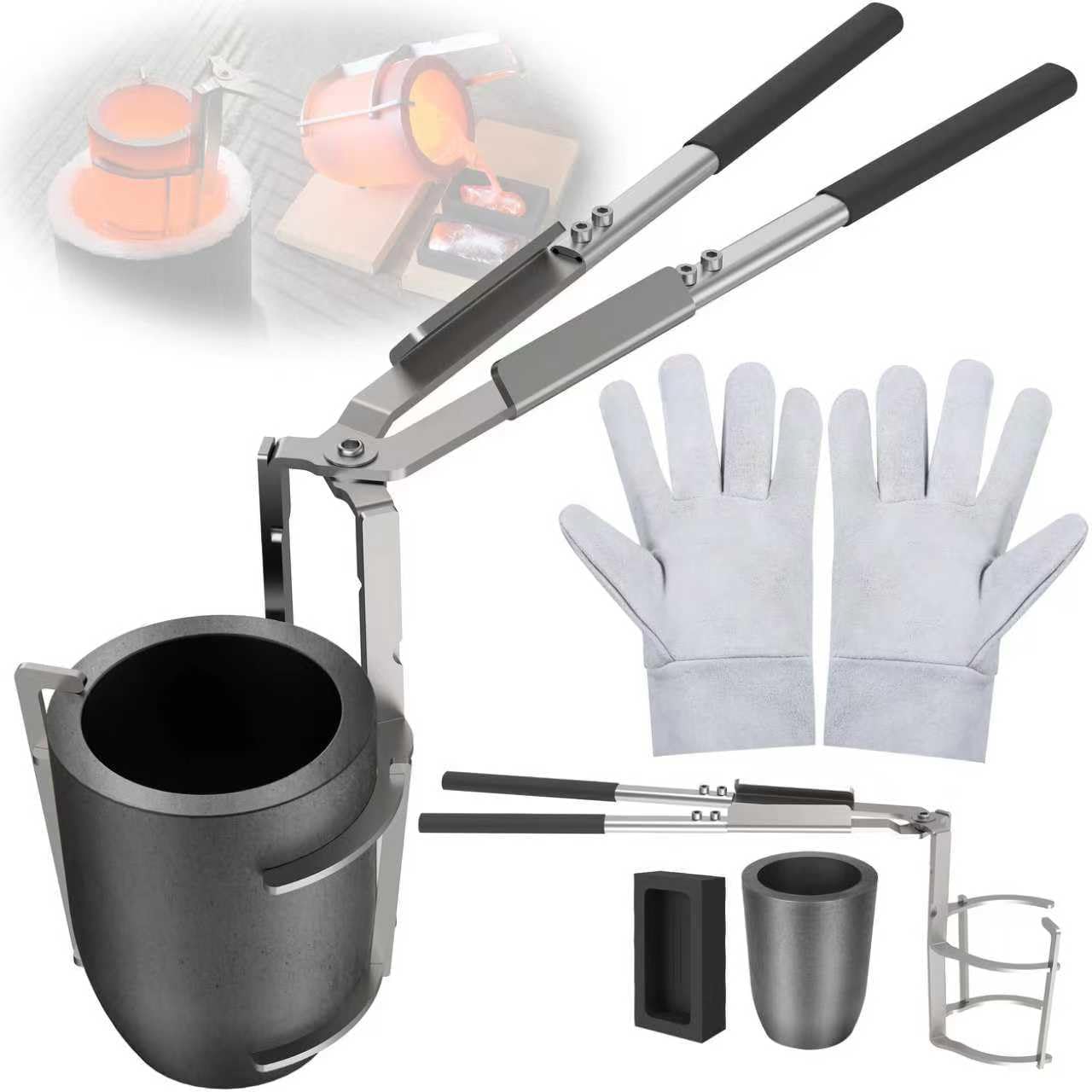 Photo 1 of [Updated] 10kg Crucible Tongs Set for Melting Metal, Lifting & Pouring Tongs w/Graphite Crucible,Graphite Ingot Mold and Gloves,for Casting and Melting Metal, Jewelry Casting Tools