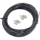 DGOL Soft Black Vinyl Coated 100 ft 304 Stainless Steel Cable Wire Rope 1/16 inch Core Diameter 3/64 inch with 20pcs Sleeves Stops