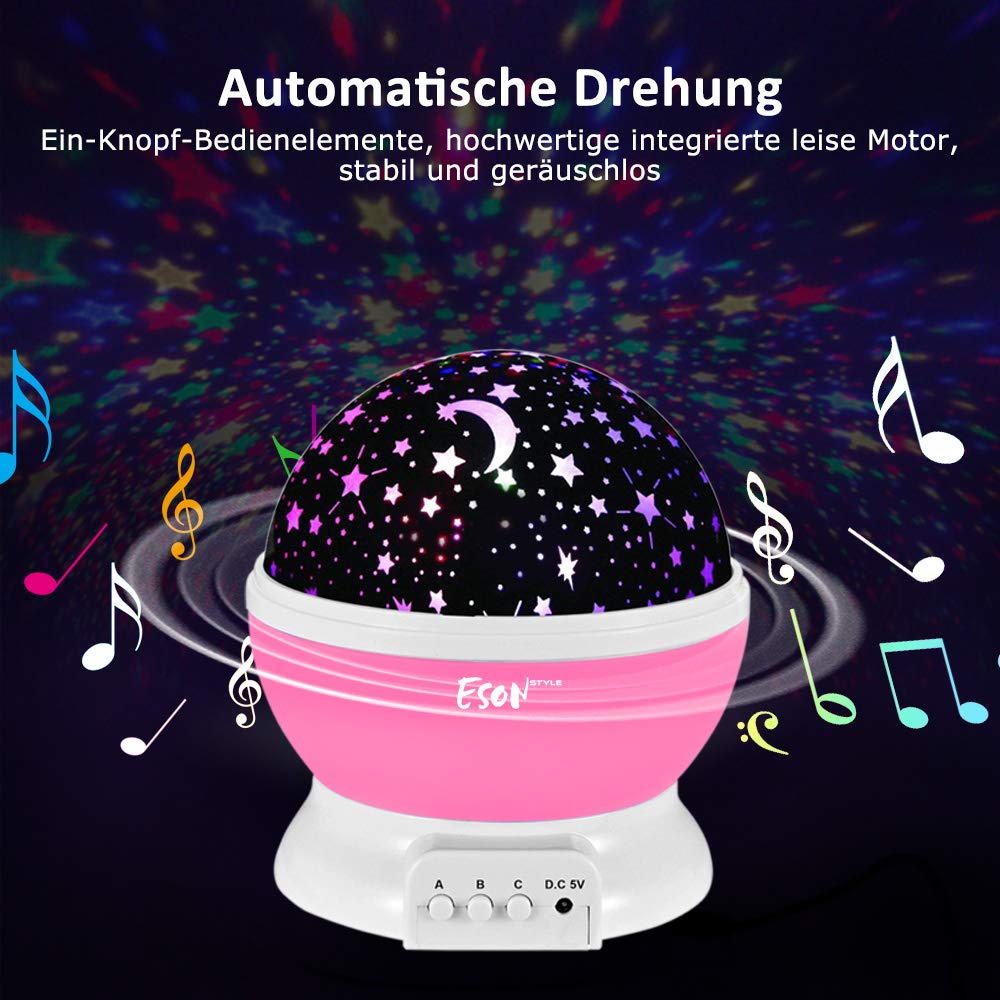 Esonstyle Wiederaufladbare 360 Grad Drehende Nachtlicht Projektor Baby Musical Mond und Himmel Licht mit 12Licht Musik für Baby Zimmer, Schlafzimmer, Kinderzimmer, Halloween, Weihnachten(Rosa)