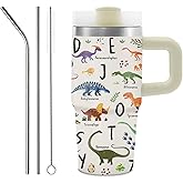 Dinosaur Gift for Kids, Alphabet Dinosaur Tumbler with Handle and Straw for Kids 14 Oz, Insulated Stainless Steel Dino Mugs for Boy, Birthday Gifts for Little Boys Son Grandson