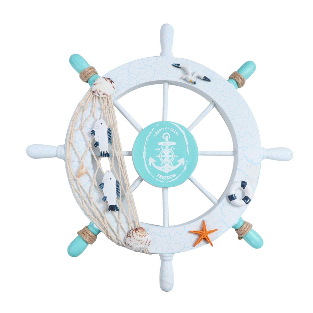 WINOMO Wooden Boat Ship Steering Wheel Fishing Net Nautical Beach Wall Decor for Bathroom Home Restaurant Bar