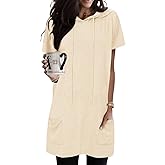 KISSMODA Woman Lightweight Dress with Hood Short Sleeve Summer Loose Pullovers with Pockets Long Tunics Top for Leggings