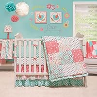 Mila Coral and Blue Floral Patchwork 4 Piece Baby Girl Crib Bedding by Peanut Shell