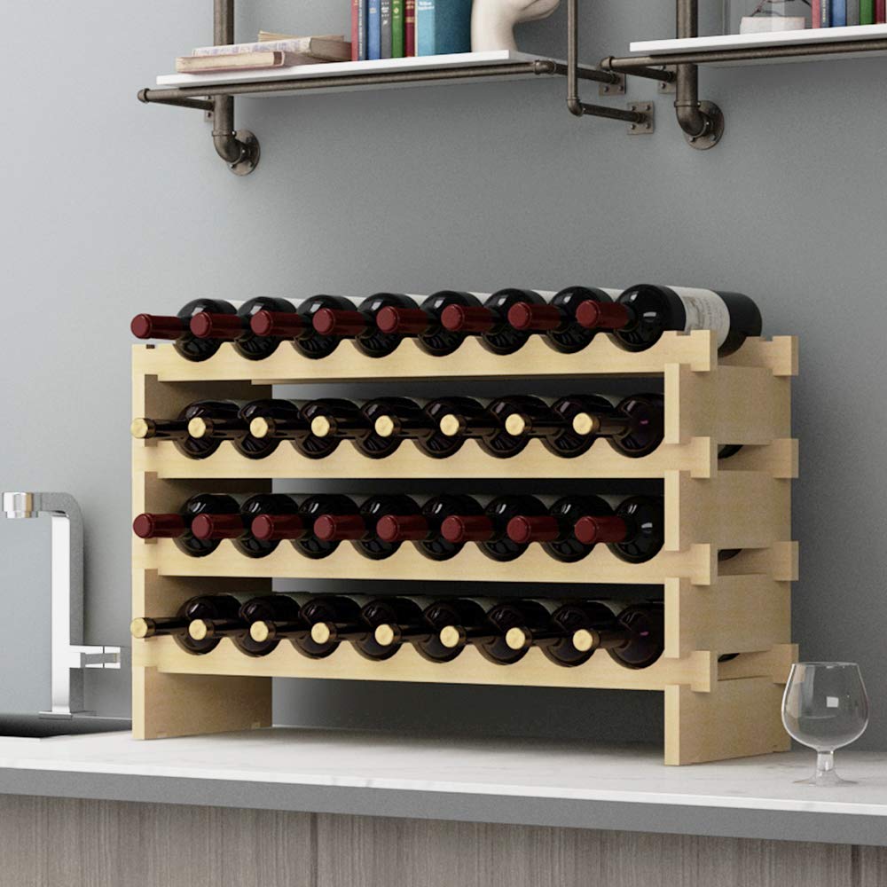 sogesfurniture 4 Tier Wine Rack 32 Bottle Rack Wine Holder, Natural Solid Wooden Wine Storage Display Rack Bottle Organizer for Home Kitchen Bar