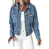 CHICME Women’s Casual Cropped Denim Jacket Button Down Long Sleeve Jean Jacket Cinched Waist Washed Denim Coat