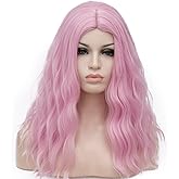 BUFASHION 18" Long Wavy Curly Light Pink Synthetic Wig for Women Girls Cosplay Wig Halloween Costume Wig with Wig Cap(Light Pink)