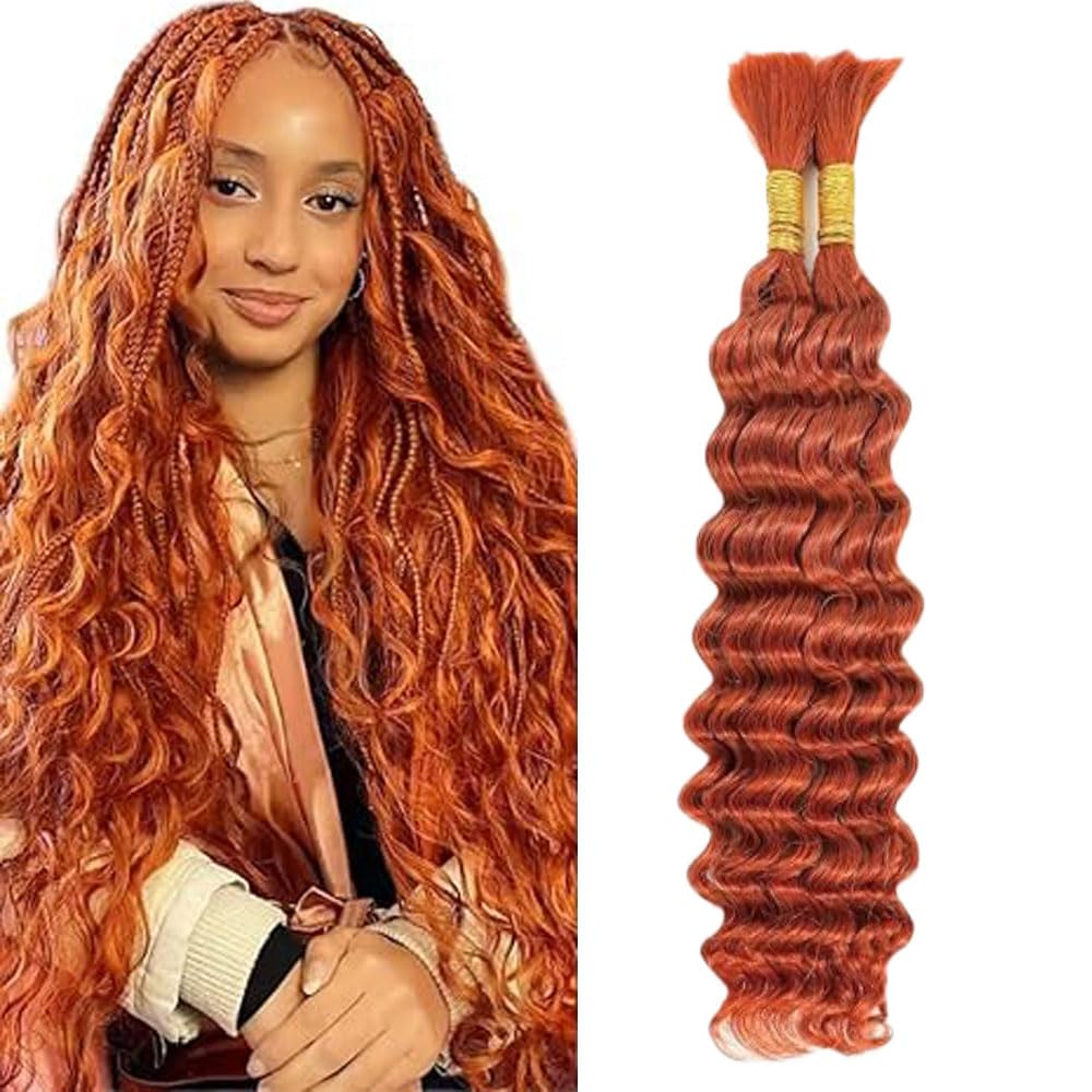 Photo 1 of #350 Ginger Orange Human Braiding Hair for Boho Braids Deep Wave Bulk Human Hair for Braiding Ginger 2 Bundles Total 100g 16 Inch Color 350# Orange No Weft Brazilian Virgin Hair