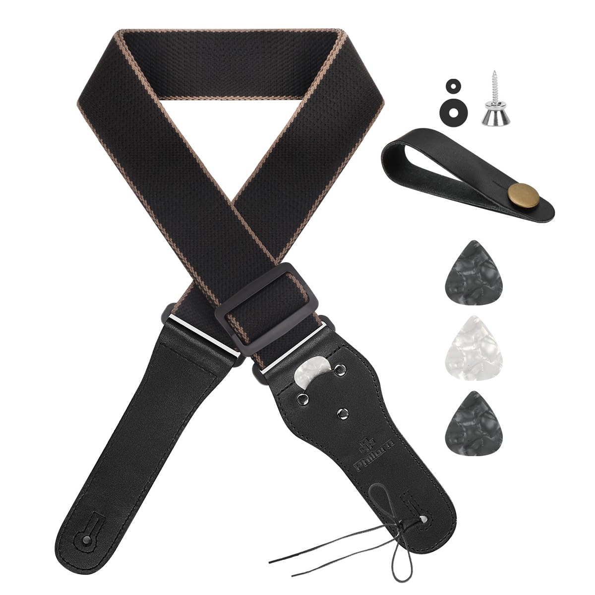 Philorn Guitar Strap Adjustable Genuine Leather Ends Jacquard Weave Bass Strap for Acoustic/Electric/Guitars, Gift for Adult & Kids (Black)