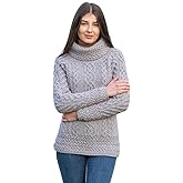 SAOL Aran Irish Sweater for Women - Made of 100% Merino Wool - Ireland Fisherman Cable Knit Ladies Pullover