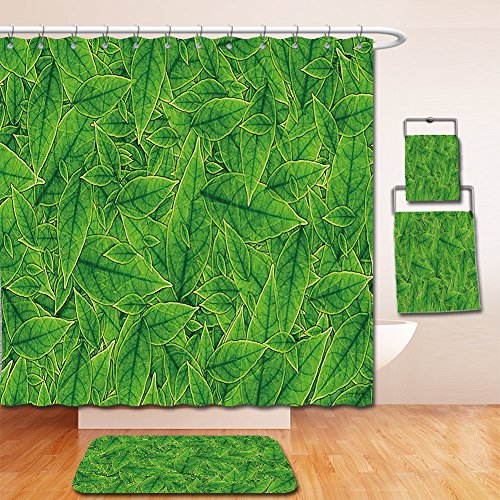 Nalahome Bath Suit: Showercurtain Bathrug Bathtowel Handtowel Green Decor Amazon Forest Giant and Spring Season Leaves Nature Inspired Image Olive Green Dark Green