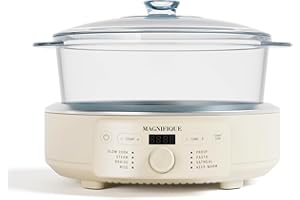 MAGNIFIQUE 4.5 Quart 8-in-1 Glass Pot Multi-Cooker, Programmable Round Slow Cooker with Removable Non-Toxic Glass Pot, Rice-c