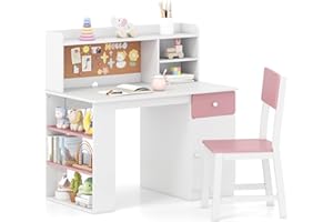 HONEY JOY Kids Desk and Chair Set, Large Wooden Children School Study Table and Chair w/Drawer, Hutch, Storage Shelves, Stude