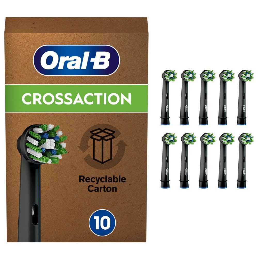 Oral-B Cross Action Electric Toothbrush Head with CleanMaximiser Technology, Angled Bristles for Deeper Plaque Removal, Pack of 10 Toothbrush Heads, Suitable for Mailbox, Black