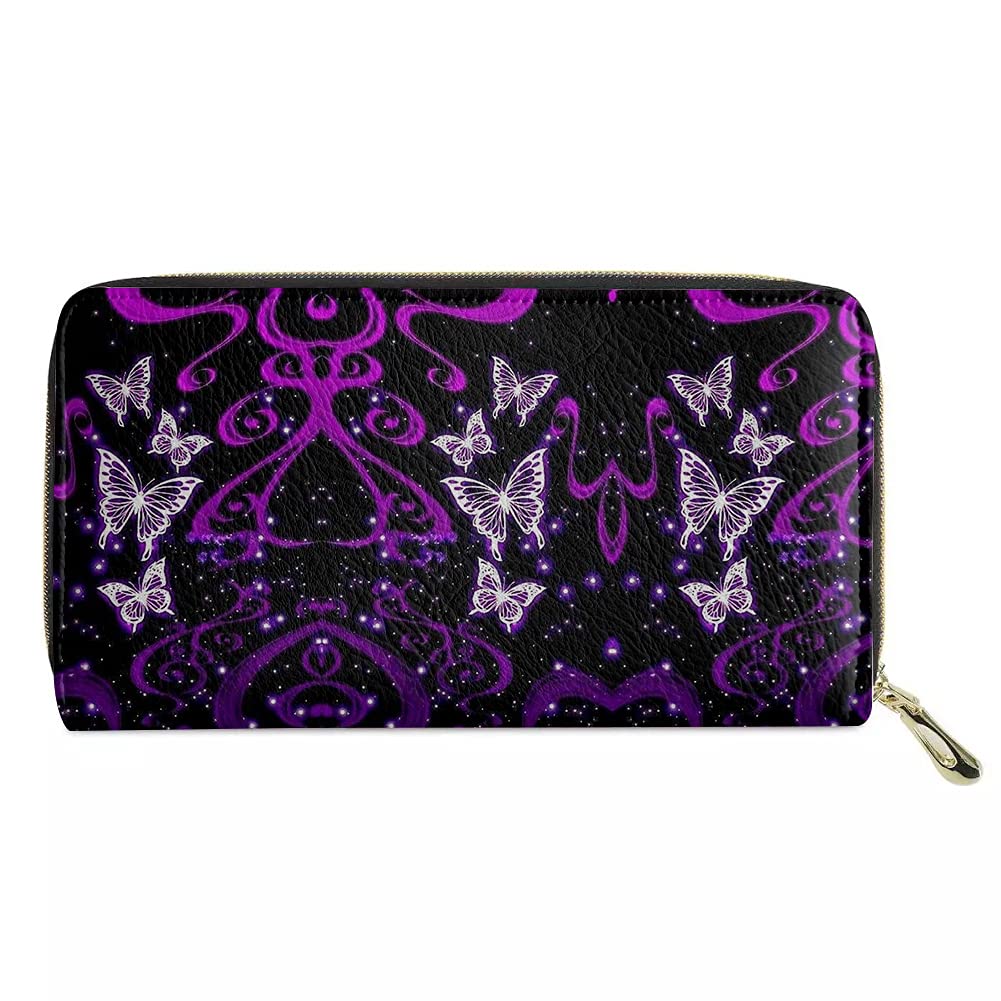 Binienty Purple Galaxy Butterfly Print, Women's Fashion Slim Wallets, Pu Leather Purse, Zip Around