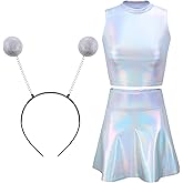 Metallic Top Sleeveless Crop Tank Top Pleated Skirt with Headband for Raves Halloween Cosplay