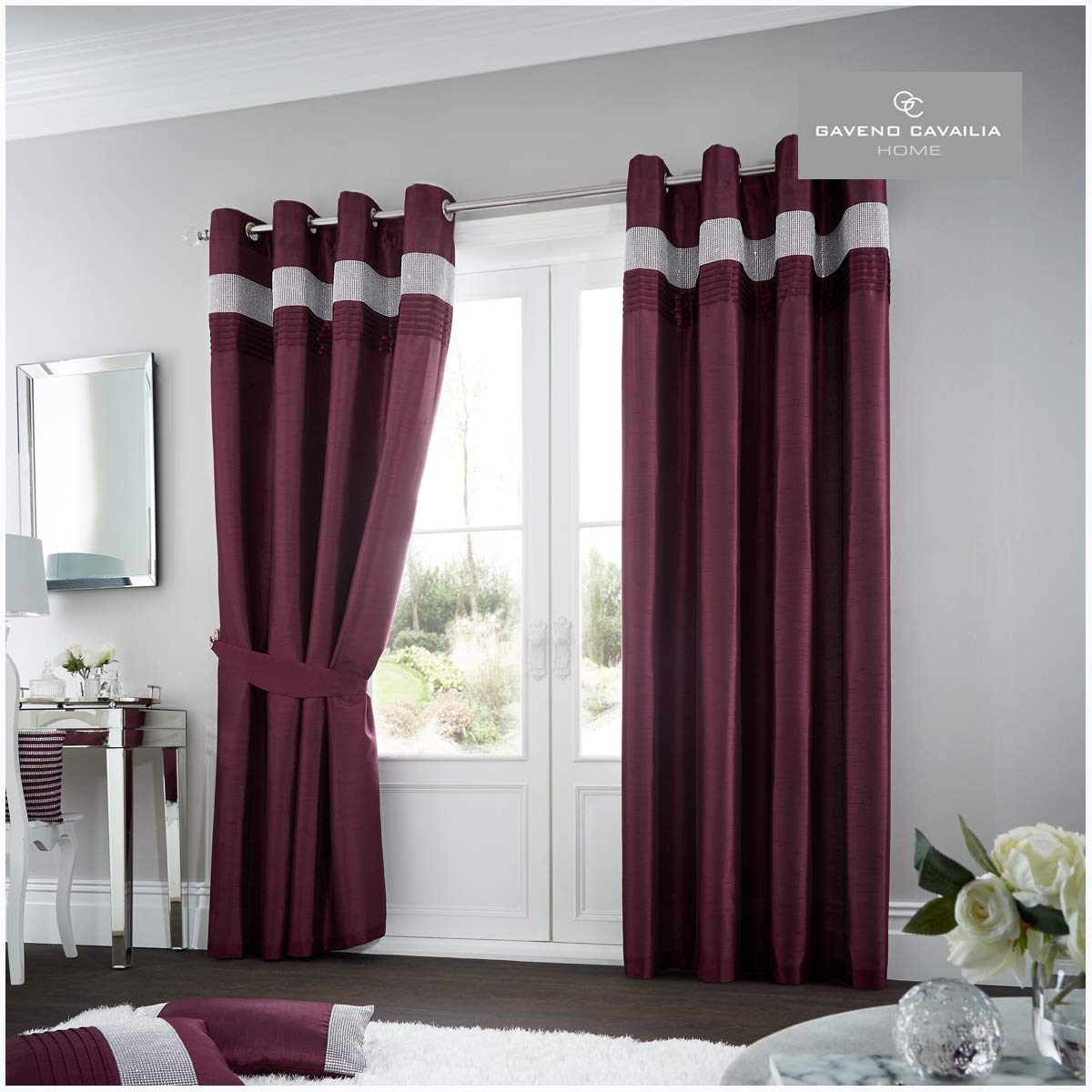 Gaveno Cavailia Oxy Eyelet Curtains Aubergine, 100% Polyester Luxury Ring Top Drapery with Matching Tie Backs, Two 90"x90" Glamorous Panels, Easy Care Window Treatment, 90x90 Inches