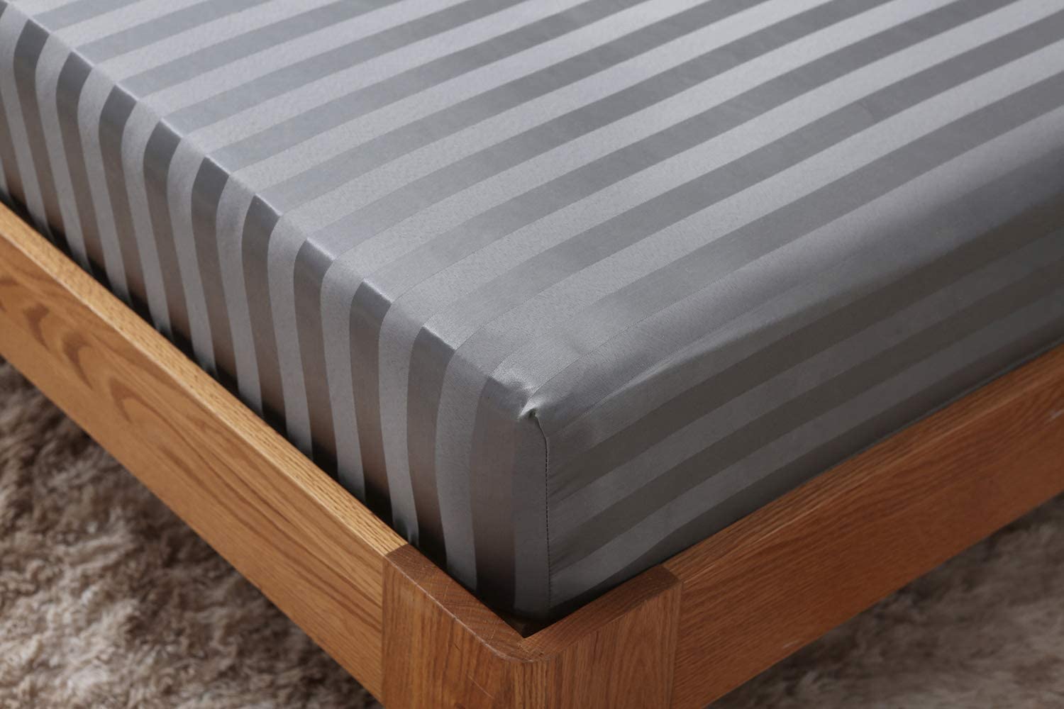 40cm Extra Deep Stripe Fitted Sheet 100% Egyptian Cotton 600 Thread Count Bedsheet Mattress Covers White Grey Bottom Sheets Double King Super King Bed Size (Super King, Grey)