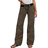 Flamingals Straight Leg Pants for Women Drawstring Waist Mid Rise Casual Solid Seam Detail Pants