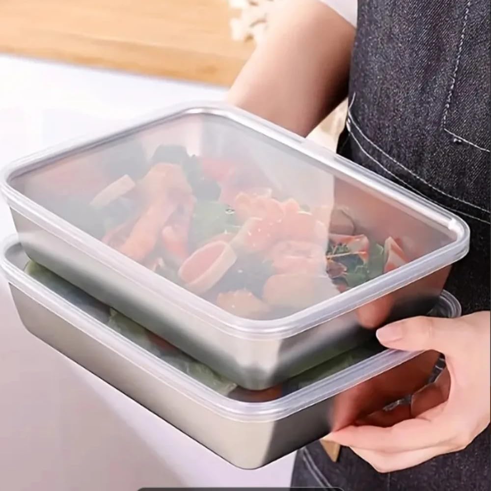 Photo 1 of 1PC 410 Stainless Steel Crisper Box Square with Lid Leak Proof Lunch Box Heat-resistant Sealed Food Storage Box,S (22 * 15 * 5.8cm)