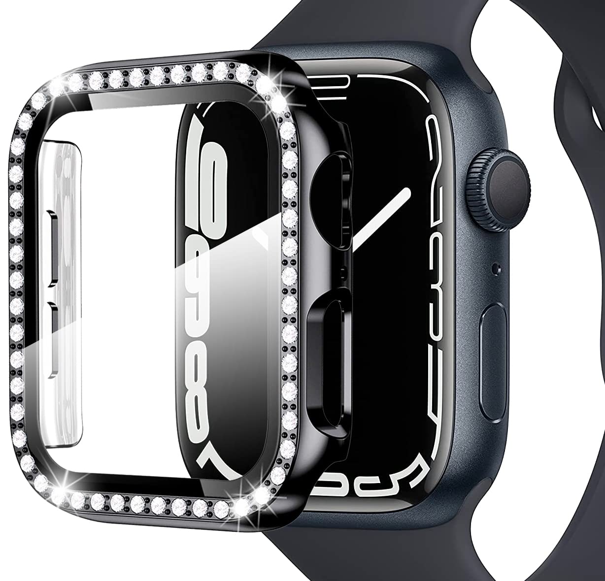 Miimall Bling Case Compatible for Apple Watch Series 8/7 45mm, PC Case with Tempered Glass Screen Protector&Crystal Diamonds, Ultra-Thin Full Protective Woman Bumper Cover for iWatch 8 45mm-Black