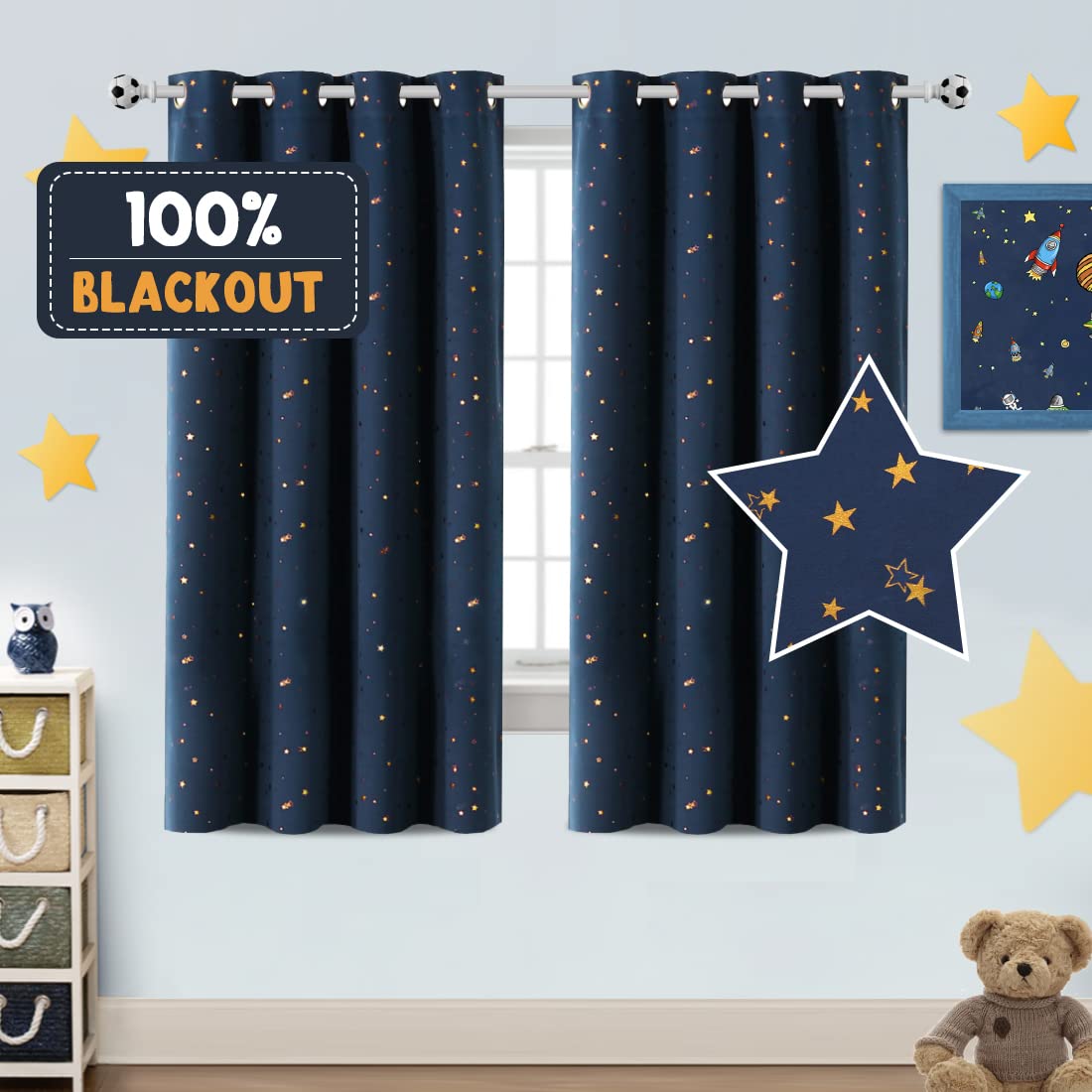 Photo 1 of PrinceDeco Blackout Kids Curtains for Bedroom Thermal Insulated Bronze Twinkle Star Curtains for Boys Antique Grommet Top Window Treatment 2 Panels Drape for Nursery (52" W x 63" L, Navy/Bronze)