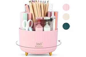 SKYDUE Pink 360 Rotating Plastic Desk Pen Organizer with 5 Slots, Dual-Purpose Art Supply Pencil Cup for Office, School, Home