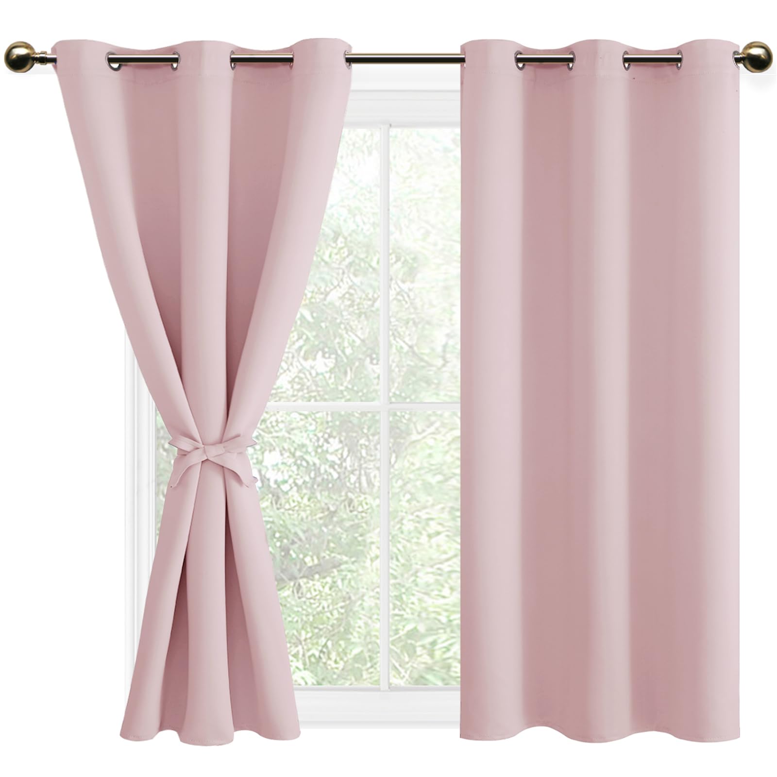 DWCN Blackout Curtains with Tiebacks for Bedroom Thermal Insulated Solid Eyelet Curtains for Living Room,2 Panels,46" Wide x 54" Drop Pink