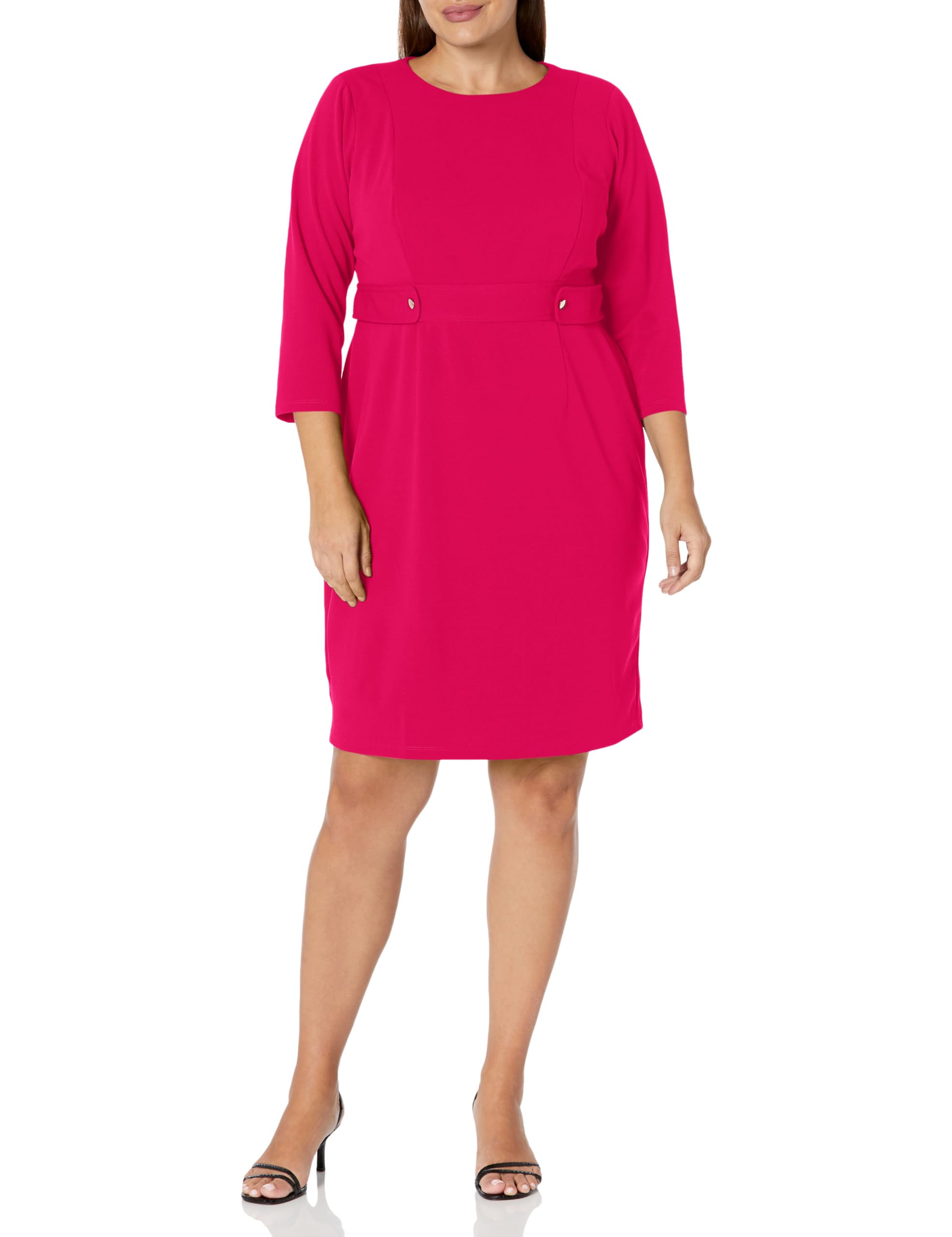 London Times Women’s Petite Work Office Business Sheath Dress with Button Waist Detail, Pink Peacock