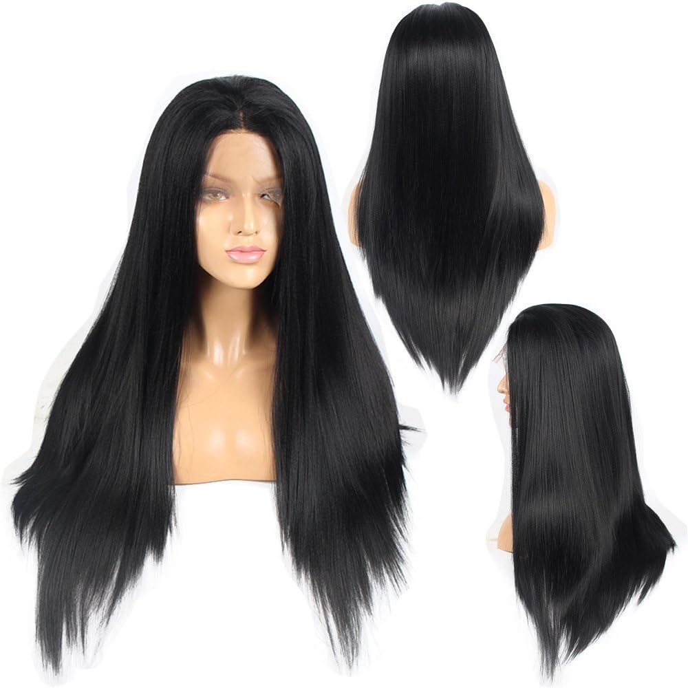 Ivan Cosmetic 250% Density Synthetic Lace Front YaKi Straight Kanekalon Fiber High Temperature Resistant Wigs With Baby Hair Pre Plucked Hairline For All Skins Women.(Black,20")