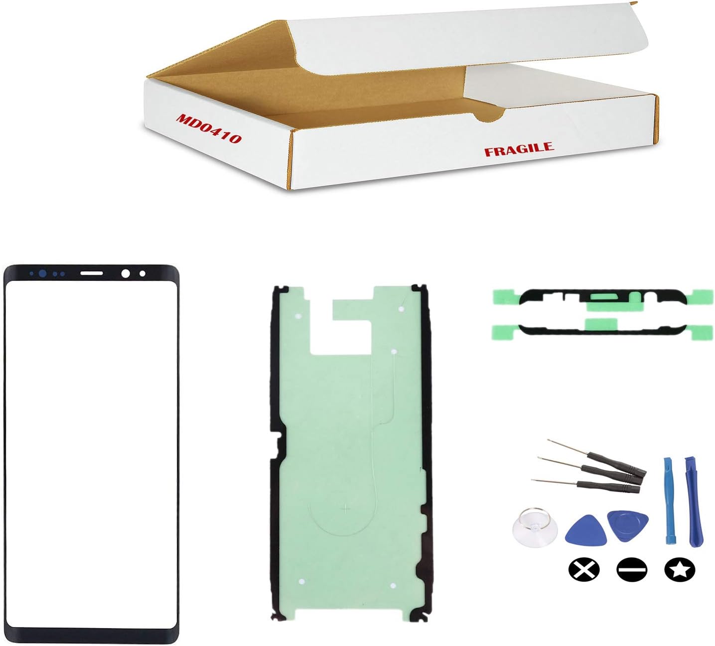 (md0410) Replacement Compatible with Galaxy Note 8 - Black Front Outer Glass Lens + Tools Kit Fit N950 N950U N950W N950FD N950F (LCD Digitizer Touch Screen not Included)