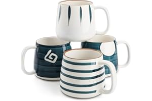 DEAYOU Set of 4 Porcelain Coffee Mugs, 500 ml/17 Oz Ceramic Coffee Cups with Handles, Large Hand-Painted Tea Cups for Cappuci