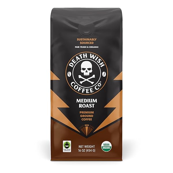 DEATH WISH COFFEE CO., ORGANIC AND FAIR TRADE MEDIUM ROAST GROUND COFFEE, 16 OUNCE (PACK OF 1)