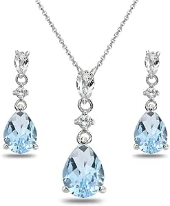 Sterling Silver Pear-Cut Teardrop Earrings & Necklace Set With Aquamarine & White Topaz