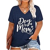Plus Size Dog Mom Shirts Women Funny Cute Dog Paw Graphic Tees Short Sleeve V-Neck T-Shirt Dog Lovers Gift Tops