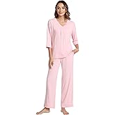 NACHILA Women's Pajamas Set 3/4 Sleeves Pjs V Neck Sleepwear Soft Loungewear with Wide Leg Pants, Viscose Made from Bamboo