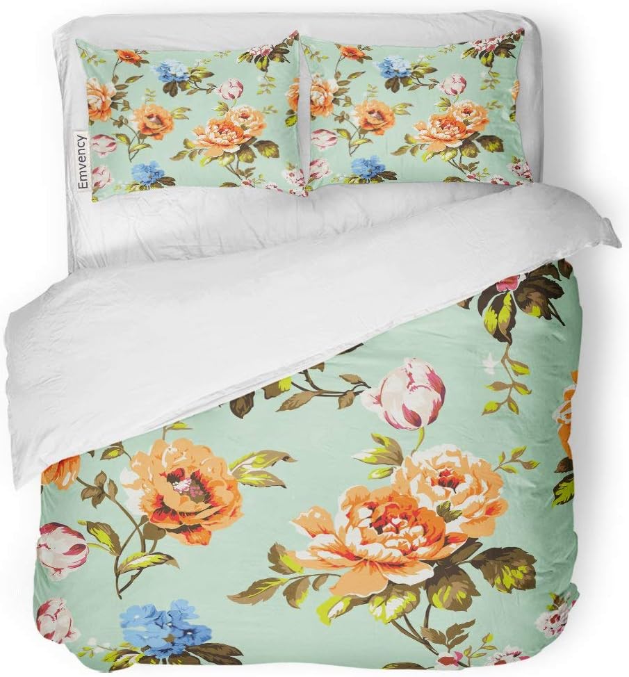 Tarolo Bedding Duvet Cover Set Blue Abstract Shabby Chic Vintage Roses Tulips and Forget Me Nots Classic Chintz Floral Raster Colorful Accent 3 Piece Twin 68"x90" Quilt Cover with Zipper Closure