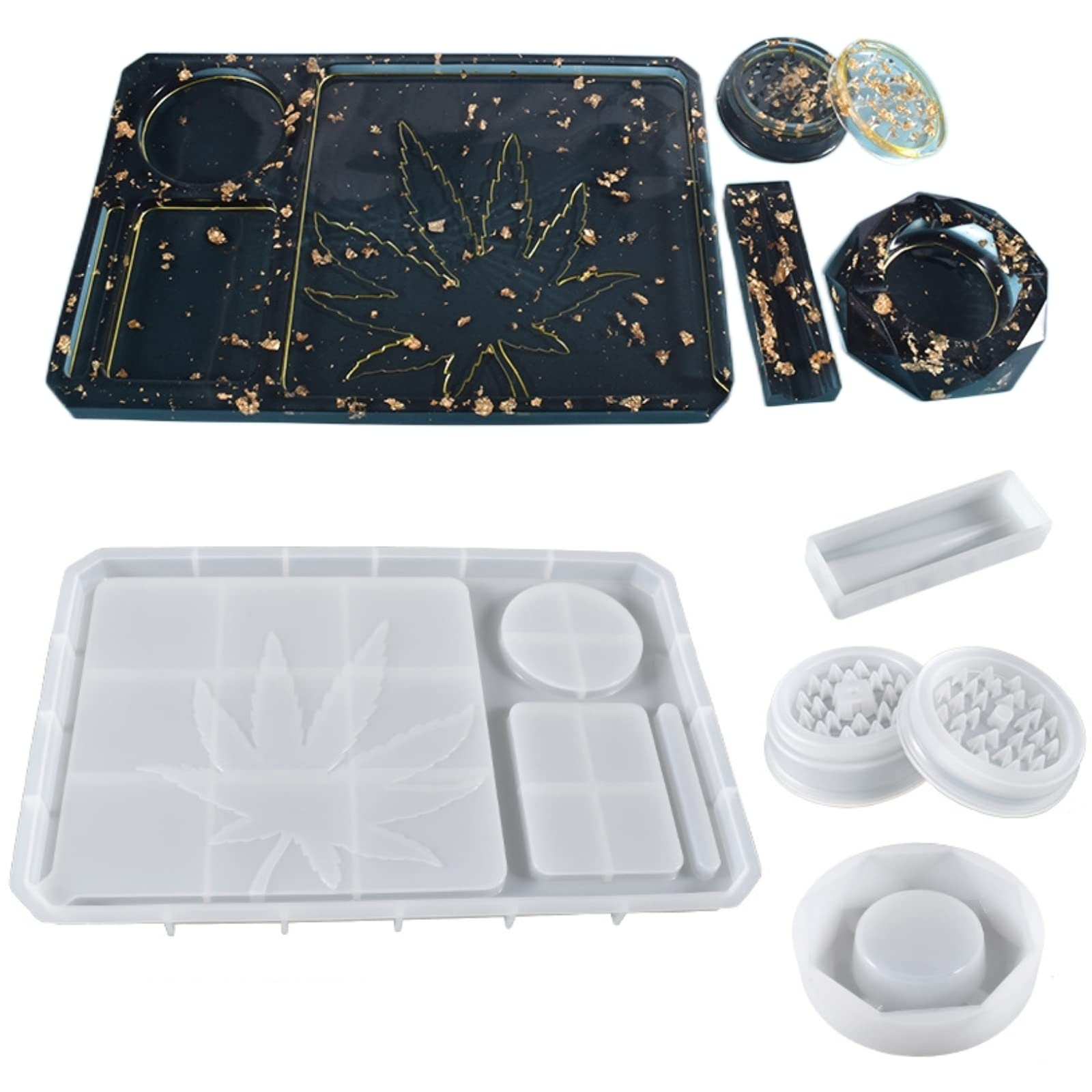5 Piece Silicone Molds - Large Rolling Ashtray and Resin Grinder Mold with Efficient Spikes and Storage
