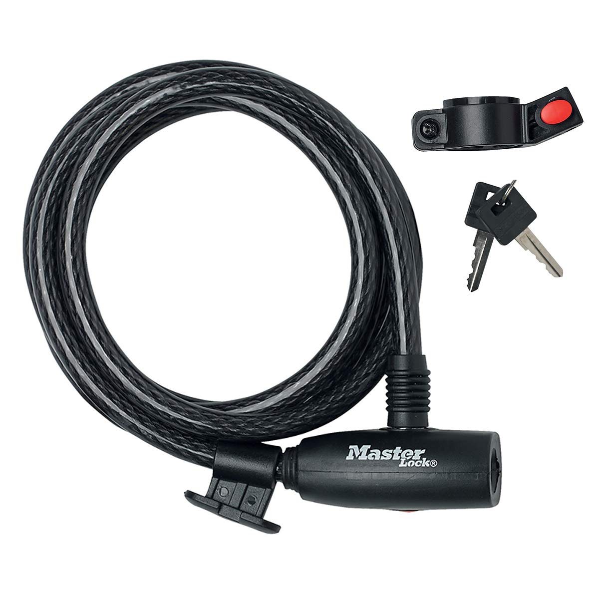 MASTER LOCK Bike Cable Lock [Key] [1.8 m Coiling Cable] [Outdoor] [Mounting Bracket] 8232EURDPRO - Ideal for Bike, Skateboards, Strollers, Lawnmowers and Other Outdoor Equipment