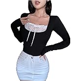 Verdusa Women's Lace Long Sleeve Shirts Y2K Crop Tops T Shirts Going Out Tops