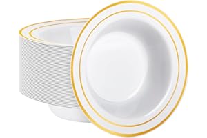 Goodluck 50 Pack Plastic Soup Bowls with Gold Rim, 12oz Disposable Soup Bowls, Heavy Duty Dessert Bowls for Weddings, Parties