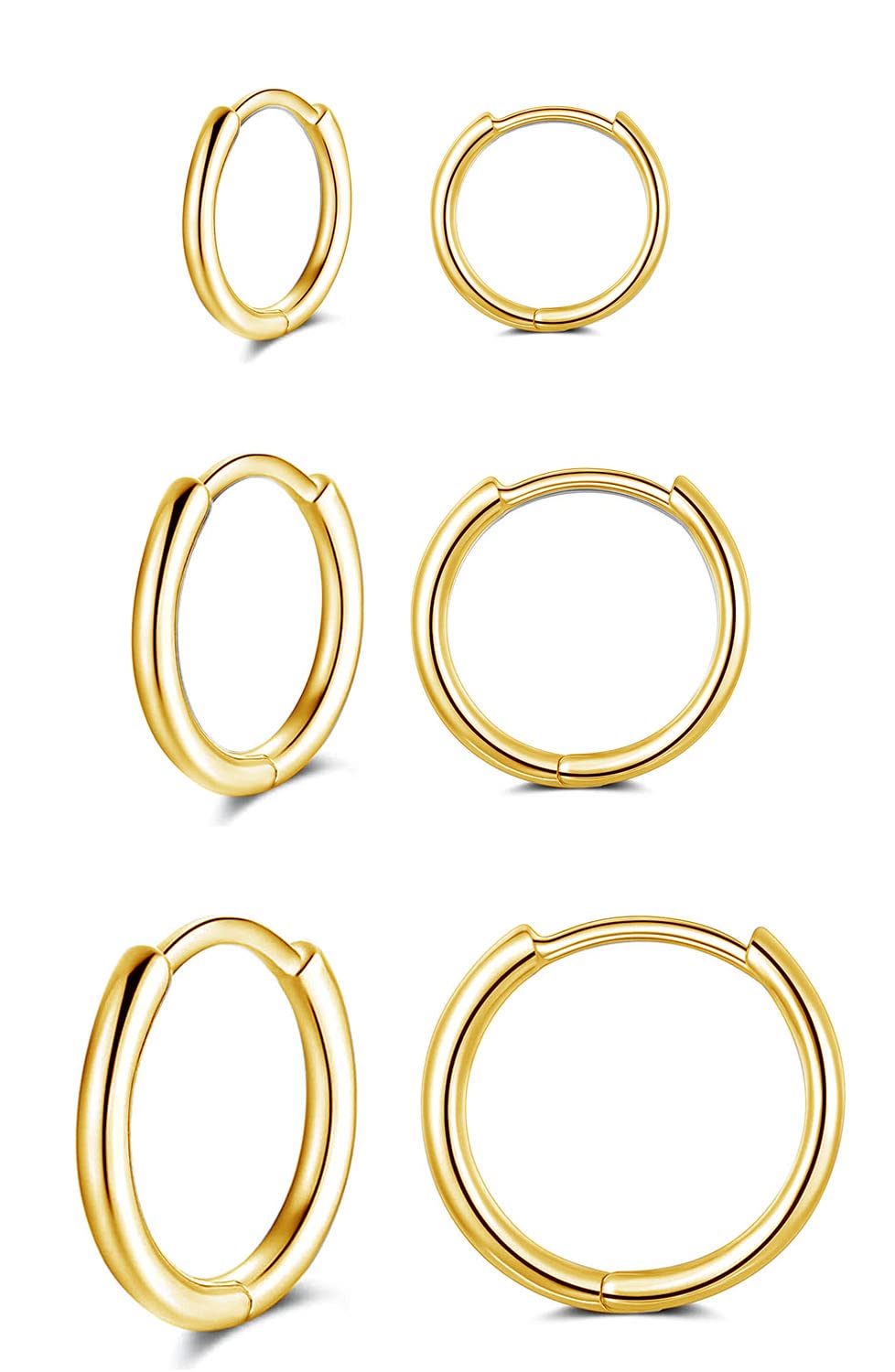 GULICX Silver 14K Gold Hoop Earrings Set for Women Men Girls, 3 Pairs Hypoallergenic 925 Sterling Silver Unisex Small Helix Cartilage Tragus Sleeper Hoops Huggie Hinged Earrings(8mm/10mm/12mm)