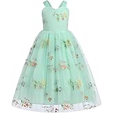 Floral Embroidered Tulle Dress Girls Sleeveless Spaghetti Straps Formal Birthday Wedding Pageant Party Tulle Dresses