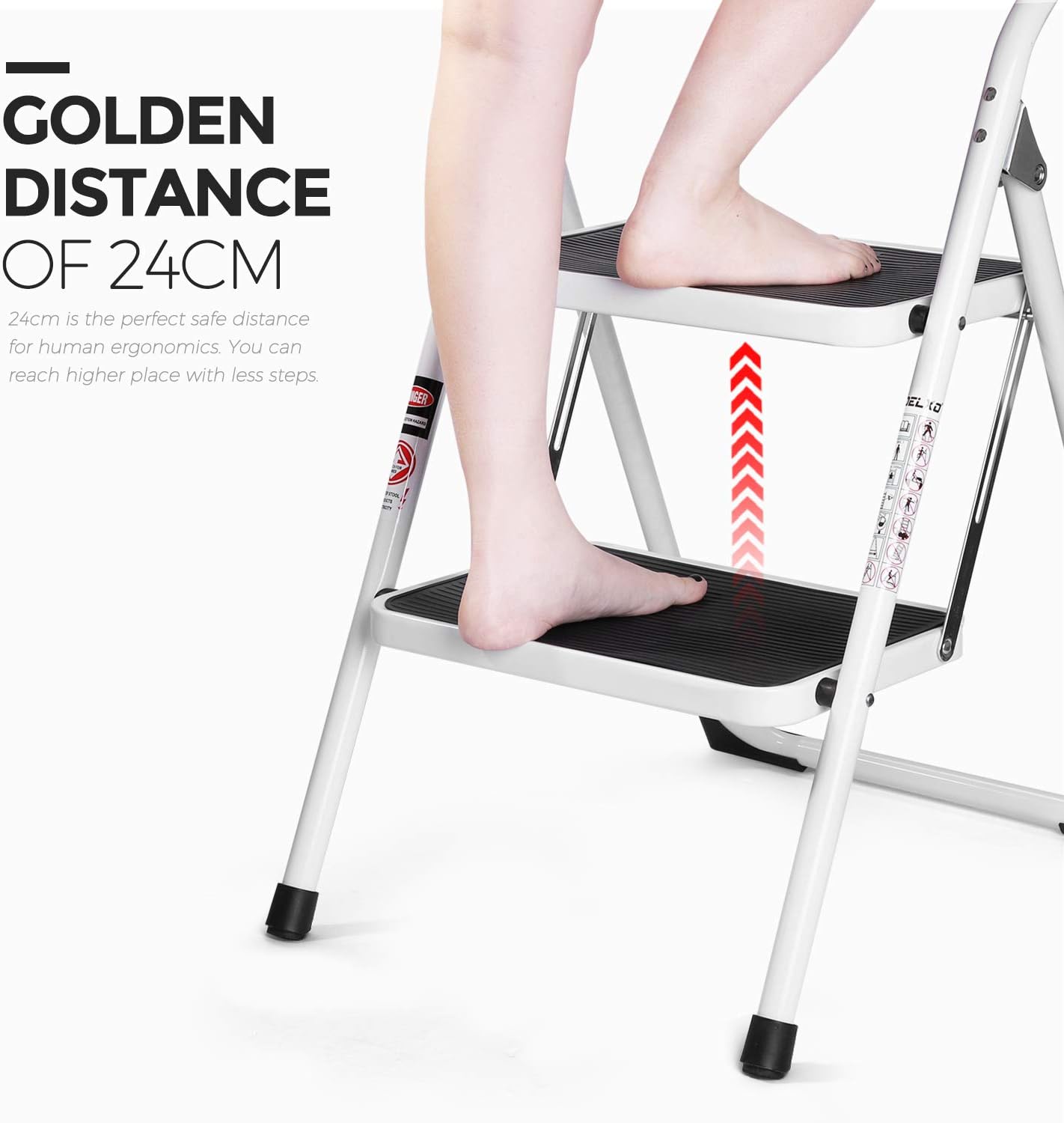 Delxo 2 Step Stool Folding Step Stool Steel Stepladders with Handgrip Anti-Slip Sturdy and Wide Pedal Steel Ladder Hold Up to 330lbs White and Black Combo 2-Feet - - 