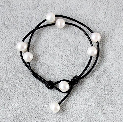 Handmade 7.8''Cultured Freshwater White and Black Pearl on Leather Cord 2 Strand Bracelet By handmade for Women