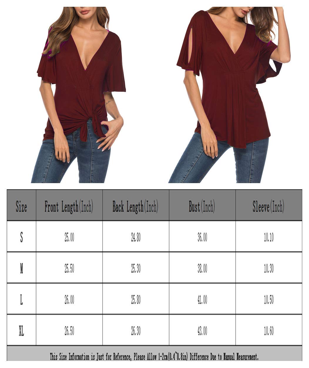 Eanklosco V Neck Shirts Womens Sexy Short Sleeve Cold Shoulder Tops Unique Ruffle Front Side Slit T Shirts (M, Wine Red)